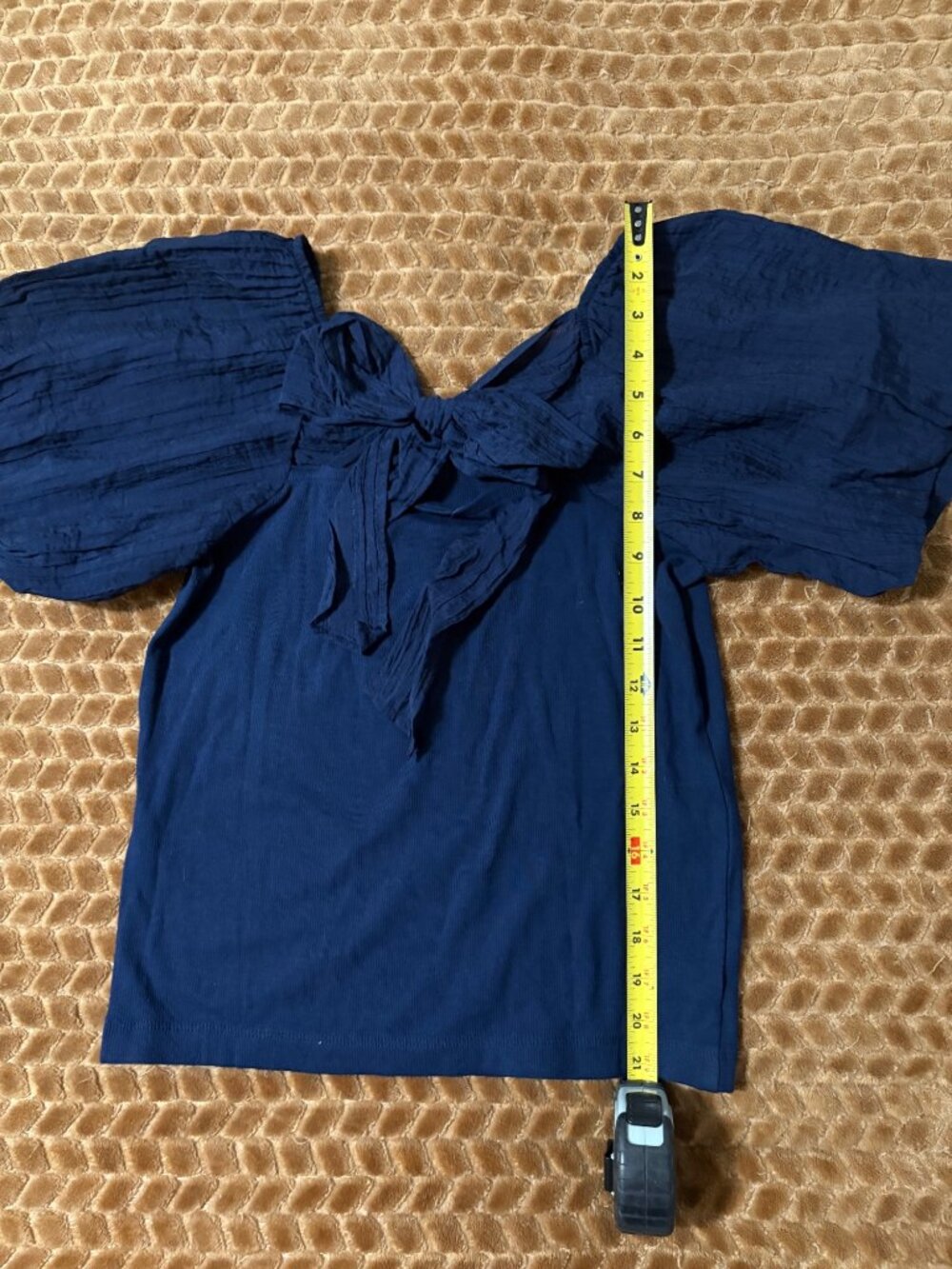 NWT New Loft Navy Crinkle Seersucker Puff-Sleeve Top Bow Back Cotton Stretch L - Picture 10 of 13